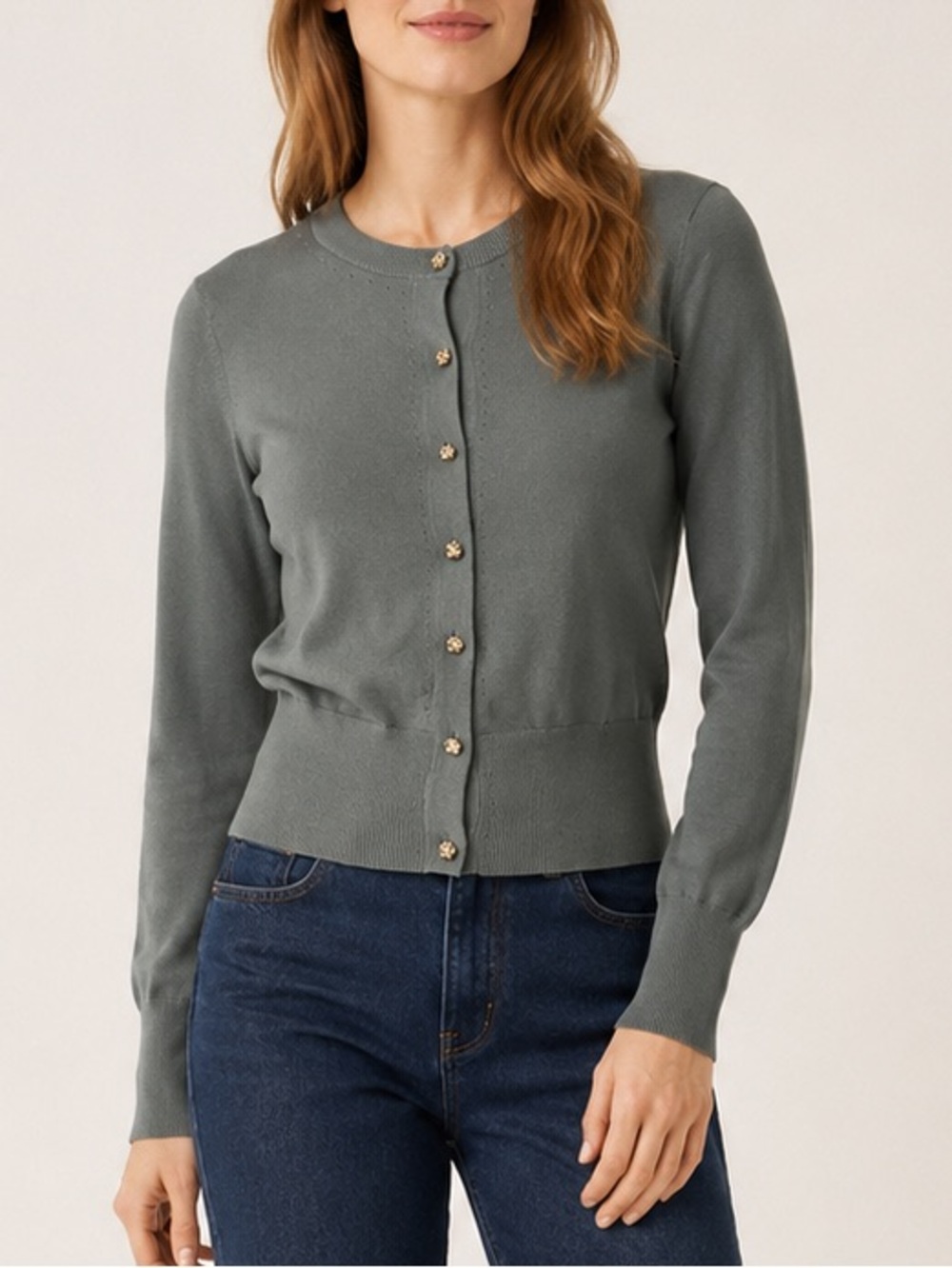H&M Sage Green Gold Rose Button Fitted Knit Cardigan XS